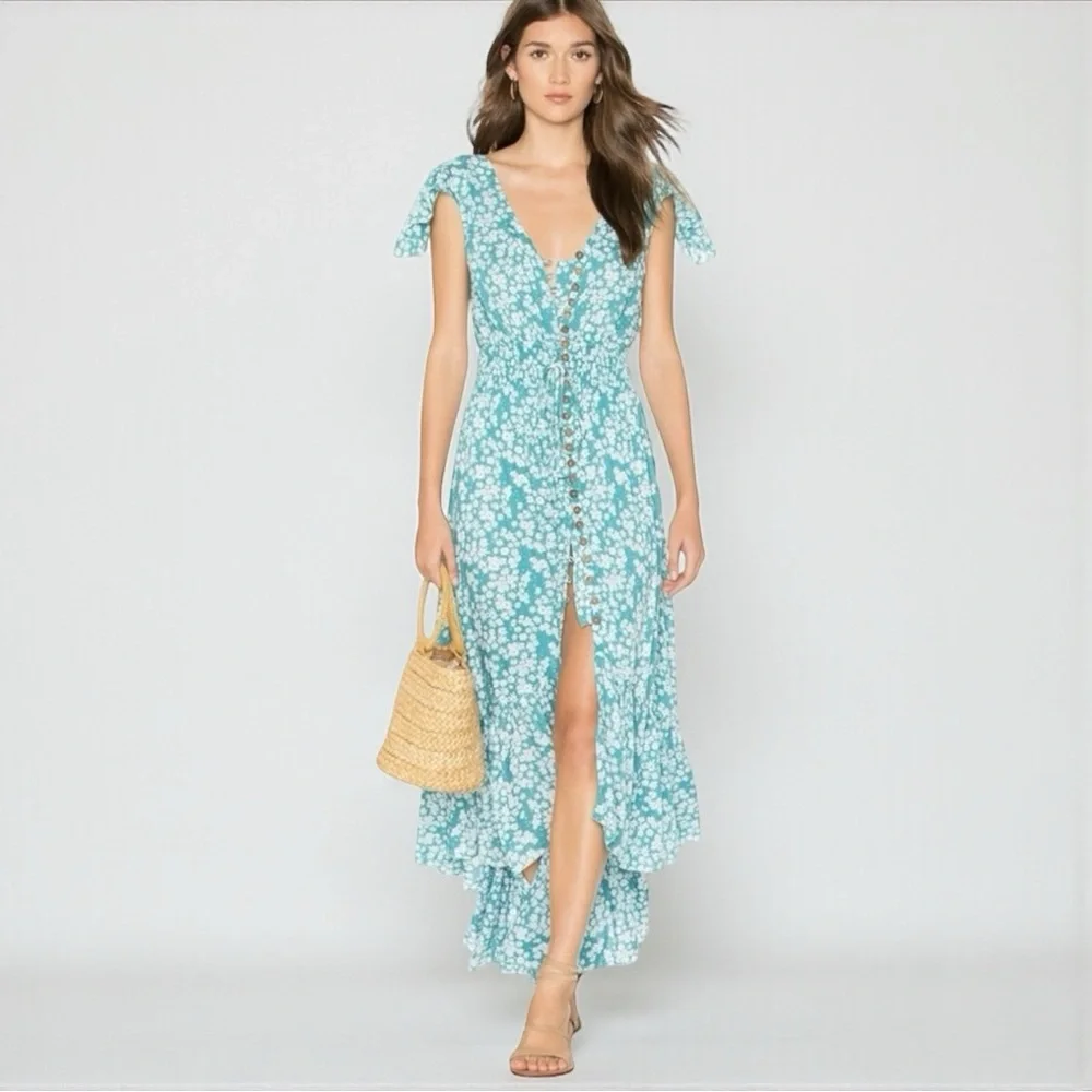 Tiare Hawaii Teal Floral Button Front Maxi Dress Ruffle Sleeve S/M NWOT
